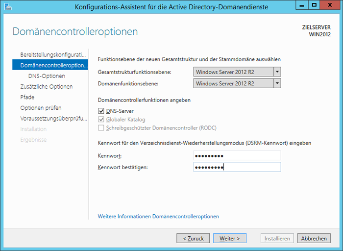 WinServ2012 ServerManager. Der Konfigurations-Assistent für Acrive Directory-Domänendienste. Das Fenster Domänencontrolleroption.