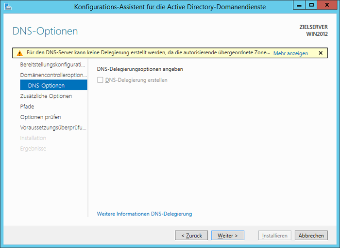 WinServ2012 ServerManager. Der Konfigurations-Assistent für Acrive Directory-Domänendienste. Das Fenster DNS Option.